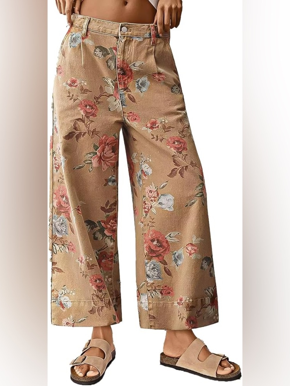 FLAMINGALS FLORAL PRINT WIDE LEG CROPPED PANTS size XS